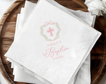 Custom Floral Cross Baptism Napkins, Girl Christening Decor, Pink Bow First Communion Favors, Religious Party Personalized Napkin