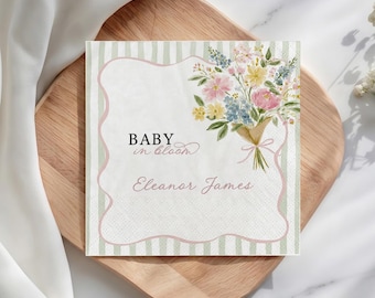 Baby in Bloom Napkins, Custom Floral Baby Shower Cocktail Napkin, Watercolor Wildflower Girl Baby Shower, Garden Party Decor