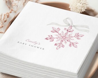 Custom Pink Snowflake Baby Shower Napkins, Winter Wonderland Girl Party Decor, Little Snowflake Personalized Napkin