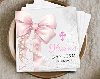 Custom Baptism Napkins, Pink Bow Cocktail Napkin, Girl Christening Decor, Pearl Cross Party Favor, Coquette First Communion