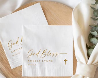Personalized Baptism Napkins God Bless Cross, Custom Name Date Napkin, Christening Communion Party Decor, Gold Foil Religious Baby Shower