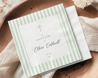 Custom Baptism Napkins, Sage Green Striped Christening Decor, Minimalist Cross First Communion Paper Napkin, Religious Party Tableware