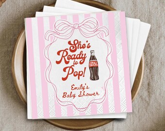 Ready to Pop Baby Shower Napkins, Custom Retro Soda Cocktail Napkin, Coquette Pink Bow Decor, Girl Baby Shower Favors