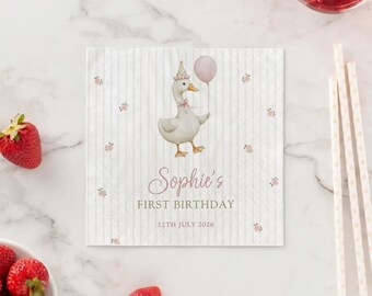 Custom Duck Birthday Napkins, Goose Party Decor, Pink Balloon Farm Animal, Coquette Floral Baby Shower Paper Napkin