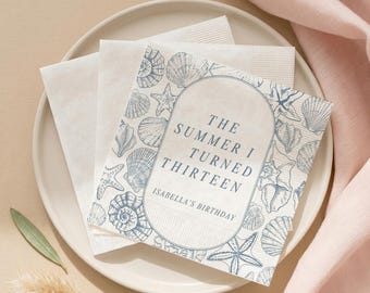 The Summer I Turned Custom Napkins, Seashell Beach Birthday Party Decor, Blue Coastal Cocktail Napkin, Pool Party Favors