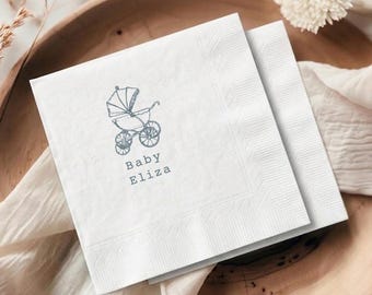 Custom Vintage Pram Baby Shower Napkins, Baby Carriage Cocktail Napkin, Personalized Sip and See Favors, Gender Reveal Decor