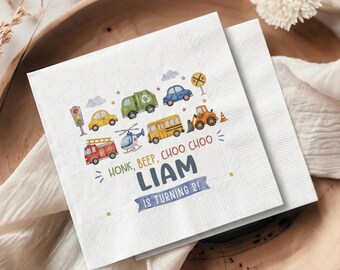 Honk Beep Choo Choo Birthday Napkins, Custom Transportation Party Decor, Personalized Vehicle Cars and Trucks Drink Favors