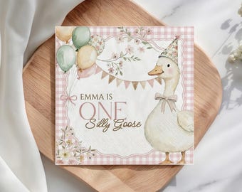 Custom Silly Goose Birthday Napkins, Pink Gingham Floral Farm Party Decor, Personalized Watercolor Girls Cocktail Drink Favors