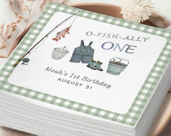 Custom O-Fish-Ally Birthday Napkins, Fishing Party Decor, Personalized Fisherman Cocktail Napkin, Green Gingham Lake Party
