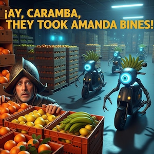 Puede incluir: Una imagen surrealista con un hombre con un casco de conquistador, rodeado de cajas de naranjas, limones y plátanos. Motos robot futuristas con pelo en forma de plátano en el fondo, con el texto "¡AY, CARAMBA, THEY TOOK AMANDA BINES!"