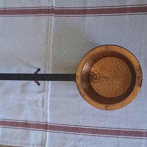Vintage French Copper Ladle by L. Lecellier Villedieu, Hand Hammered Copper Sugar Pan with Long Wrought Iron Handle, French Country Kitchen