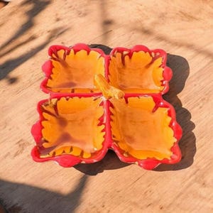 Vintage Vallauris 4-Section Appetizer Dish - French Red Yellow Glazed Pottery 1970s Mid-Century Serving Tray Handcrafted French Art Pottery