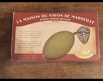 フランス製壁掛け回転式ソープホルダー、ヴィンテージスクールスタイル、イエローソープ、クロムホルダー付き、オリジナルSavon De Marseille D Antan入り