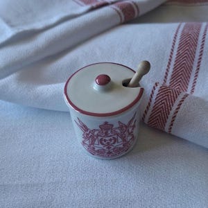 Vintage ntage Maille Dijon Mustard Mini Pot with Lid & Spoon | Rare White/Pink Porcelain Stoneware | French Kitchen Decor