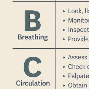 Puede incluir: Un gráfico educativo beige con el título "AB Assessment" en azul oscuro. El gráfico está dividido en secciones de la A a la E, cada una con viñetas que detallan los pasos de evaluación para las vías respiratorias, la respiración, la circulación, la discapacidad y la exposición.