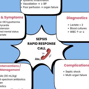 May include: An educational infographic on sepsis, featuring key information on pathophysiology, symptoms, diagnostics, interventions, complications, and rapid response triggers. The central graphic includes a red telephone icon, with text in white on a blue background.
