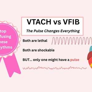 Könnte beinhalten: Lehrreiche Grafik, die VTACH und VFIB vergleicht, mit dem Text "Der Puls verändert alles". Das Bild enthält eine Herzillustration, ein rosa Band und Textfelder auf hellrosa Hintergrund.