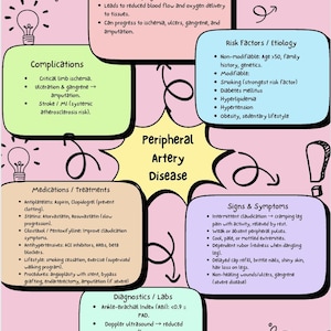 Puede incluir: Infografía colorida sobre la enfermedad arterial periférica (EAP), que detalla la fisiopatología, los factores de riesgo, los signos, los síntomas y los tratamientos. Incluye secciones sobre complicaciones, diagnósticos y medicamentos.