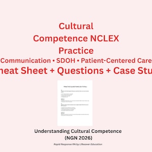 Puede incluir: Gráfico rosa claro con texto rojo que promueve la práctica de competencia cultural NCLEX. El texto incluye "Cheat Sheet + Questions + Case Study" y "Understanding Cultural Competence (NGN 2026)". Un documento con preguntas de práctica está en el centro.