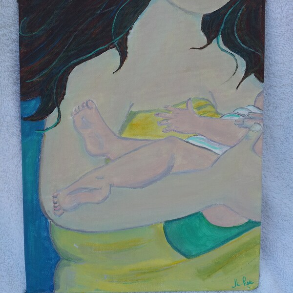 Mama and Toddler Nursing- Original Painting on Canvas/board panel, Acrylic, 8 x 10 inches