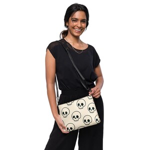 Soft Goth Skull Crossbody Bag – Cream & Black Minimalist Skull Design – Chic Alternative Shoulder Bag with Bold Inside Quote