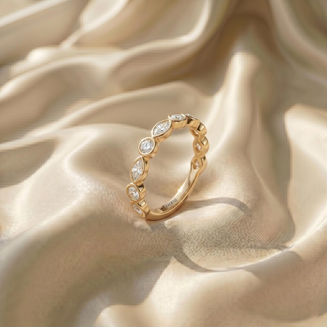 Moissanite Eternity Ring Marquise Round Bezel Band 14K Gold Wedding ...