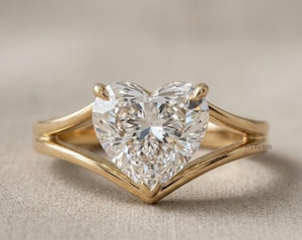 Heart Moissanite Ring 1.5ct Gold Heart Shape Engagement Ring V Shaped Chevron Band Unique Romantic Promise Ring for Women