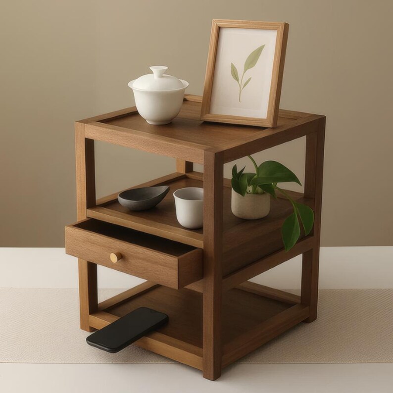Walnut Wood 3-tier Tea Set Display Shelf With Drawer - Etsy