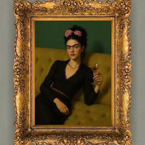 Najlepiej sprzedający się plakat Frida Kahlo z martini na różowej sofie, plakat z autografem Fridy, zielona feministyczna sztuka ścienna do wydrukowania