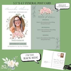 Invito funebre modificabile • Cartolina commemorativa 5,5" X4,5" • Biglietto di celebrazione della vita • Download digitale • Modello personalizzabile