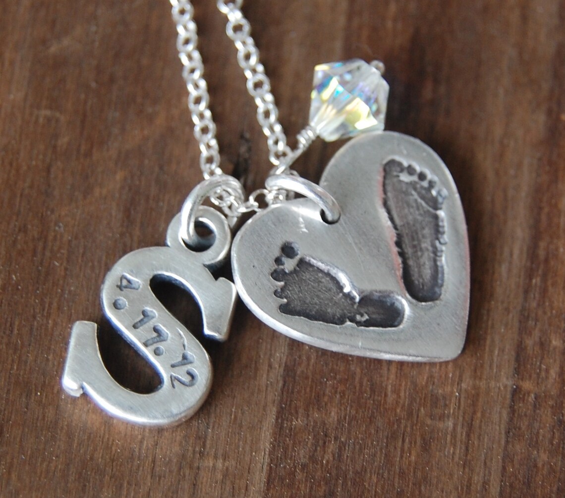 Custom Silver Footprint and HandStamped Initial Necklace Etsy