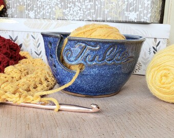 Personalized Custom Print Name Yarn Bowl Blue Engraved Finish Customized Ceramic Pottery Holder Knit Gifts for Knitters Nanna MADE TO ORDER