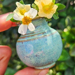 May include: A small, turquoise ceramic vase with a speckled finish, holding a small bouquet of yellow and white flowers. The vase has a rounded shape and a narrow neck. The flowers have yellow centers and white petals.