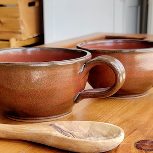 Soup Bowls with Handles Housewarming Gift for New Home - Rustic Chowder Mugs with Handles in Rust Red