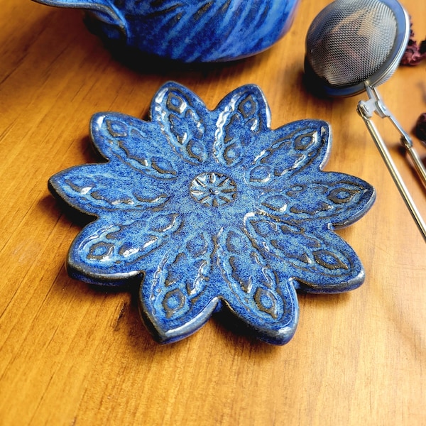 Flower Shaped Teaspoon Rest for Coffee Bar - Mini Ceramic Pottery Decor - Miniature Tea Bag Holder in Denim Blue