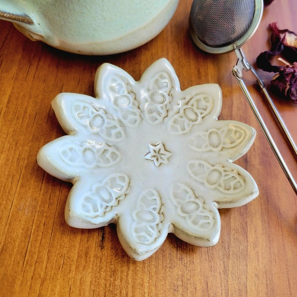 Flower Petal Mini Spoon Rest For Kitchen Coffee Tea Station Handmade Ceramic Pottery Butter Cream