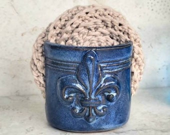 Fleur De Lis Sponge Holder Handmade Ceramic Pottery Denim Blue Glaze