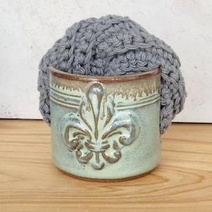 Fleur De Lis Sponge Holder Handmade Ceramic Pottery Stripes Green Bronze Glaze