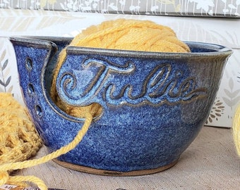 Personalized Custom Print Name Yarn Bowl Blue Engraved Finish Customized Ceramic Pottery Holder Knit Gifts for Knitters Nanna MADE TO ORDER