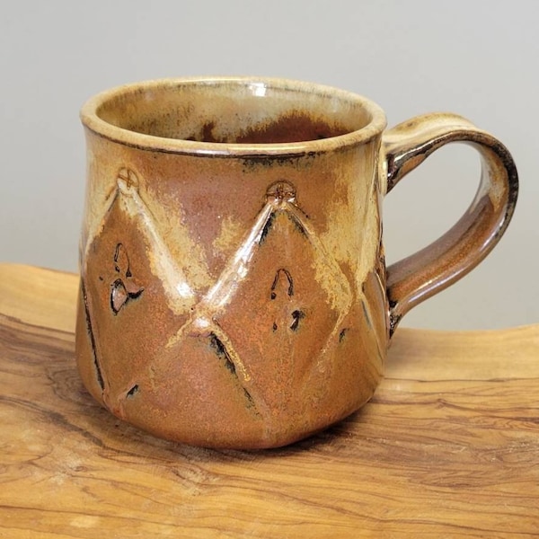 Earthy Ceramic Coffee Mug - Handmade Pottery in Rustic Geometric Diamond Texture in Rust Red Brick Tan