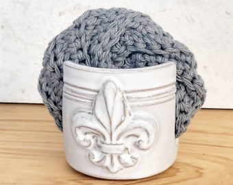 Fleur De Lis Sponge Holder Handmade Ceramic Pottery Stripes White Glaze