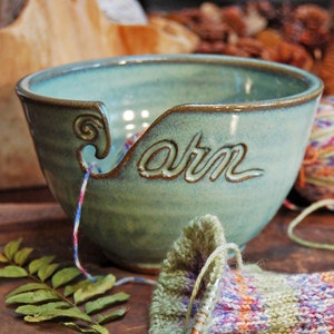 Ceramic Yarn Bowl Handmade Pottery for Knitting & Crochet - Large Capacity Craft Storage Holder Green
