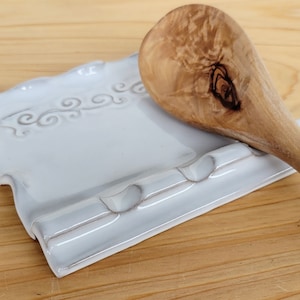 Farmhouse White Triple Spoon Rest: Handmade Stoneware Kitchen Utensil Holder