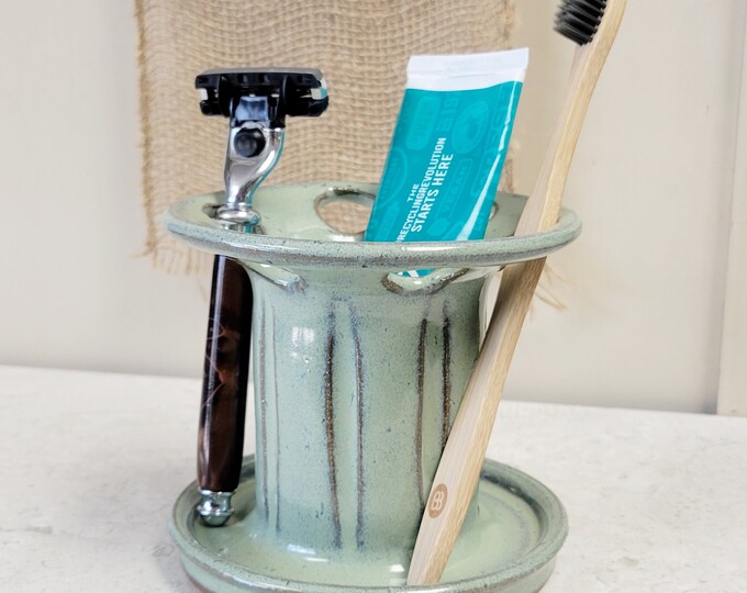 6 Hole Wide Slot Toothbrush Razor Holder Green Handmade Pottery - Etsy