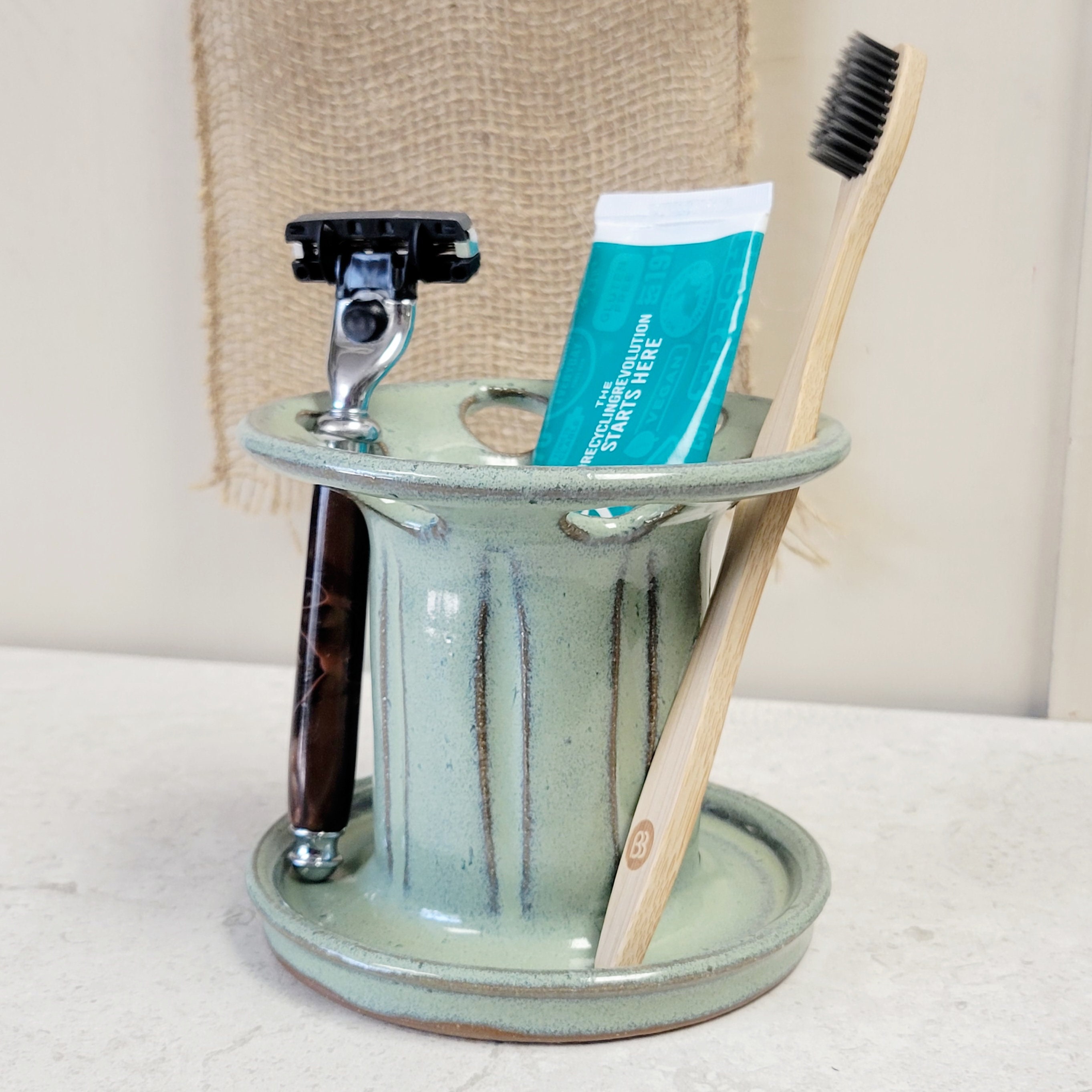 Makeup Brush Holder, Ceramic Brush Holder, Gray Pottery, Green Brush Storage,  Green Pottery, Paint Brush Organizer, Bathroom Bedroom Storage 