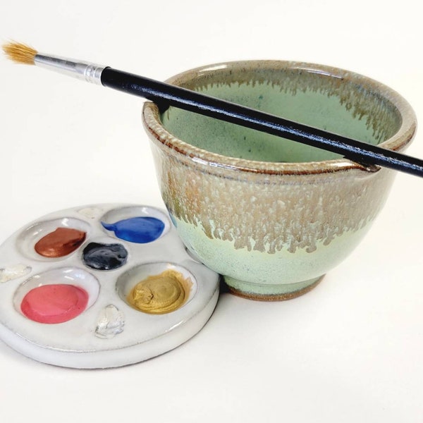 Palm Palette and Watercolor Bowl 2pc Set Painting Watercolor rest stand for painters rinse Green Bronze Drip