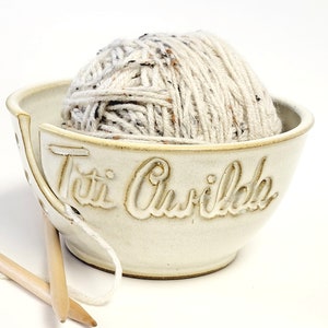 Personalized Custom Print Name Yarn Bowl Blue Engraved Finish Customized Ceramic Pottery Holder Knit Gifts for Knitters Nanna MADE TO ORDER Cream
