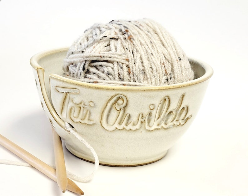 Personalized Custom Print Name Yarn Bowl Blue Engraved Finish Customized Ceramic Pottery Holder Knit Gifts for Knitters Nanna MADE TO ORDER Cream