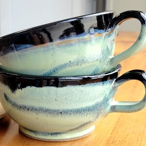 Handmade Stoneware Soup Bowl with Handle: Black Green Speckled Pottery image 2