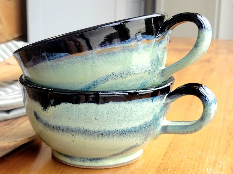 Handmade Stoneware Soup Bowl with Handle: Black Green Speckled Pottery image 2